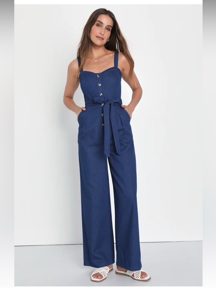 Sleeveless WideLeg Denim Jumpsuit In Deep Indigo